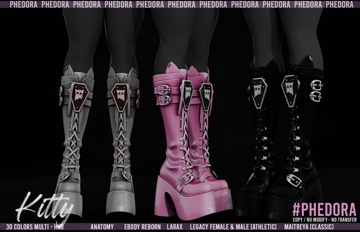 "Kitty" Boots Available at Equal10 🎃
 Comes in 3 singles (Black, Pink, Brown + mini metallic HUD) or go full pumpkin-spice chaos with the 30-color fatpack. Rigged for Anatomy, Ebody Reborn, LaraX, Legacy Female &amp; Male (Athletic).
❥ LM : maps.secondlife.com/secondlife/equ…