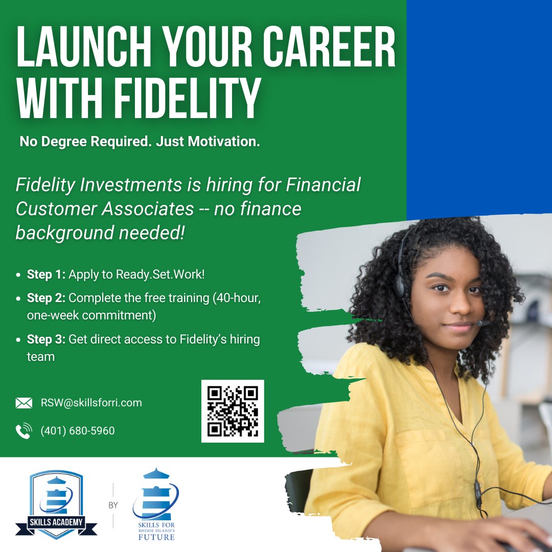 SkillsforRI's tweet image. 💼 Ready for a career at @Fidelity? 

#SkillsRI's Ready.Set.Work! program offers a free 40-hour training to help Rhode Islanders build skills &amp;amp; prepare for a Financial Customer Associate role.

Apply by Oct 24: skillsforri.tfaforms.net/wfdaXon

#Fidelity #RIJobs #RhodeIsland
