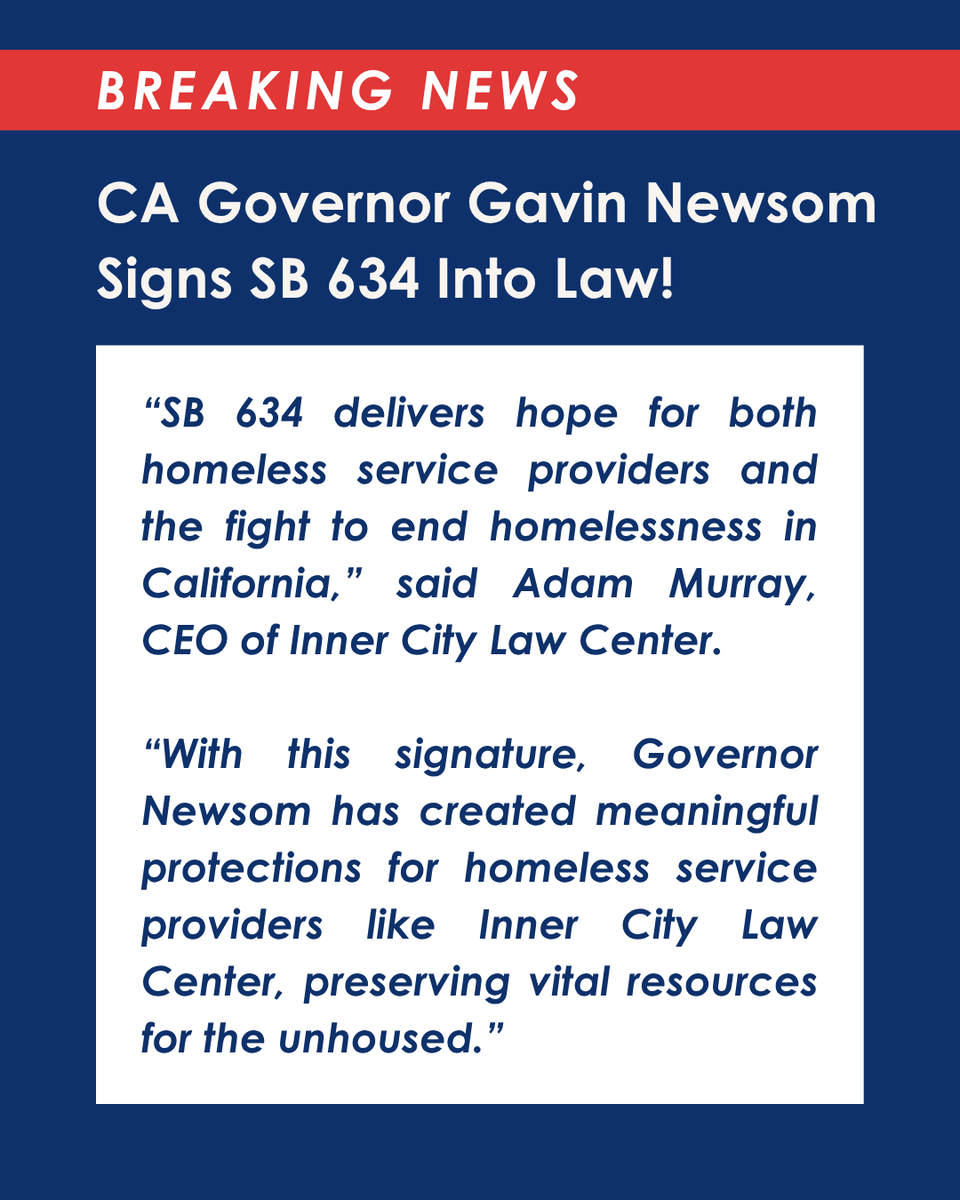 InnerCityLaw's tweet photo. #BREAKINGNEWS: VICTORY! Gavin Newsom has signed both #SB634 &amp; #SB79 into law!

SB 79 is a bill by @Scott_Wiener expanding access to affordable housing across CA. SB 634 is a bill by @senatorsrp that protects serving unhoused people. #housingnews #housingpolicy #housingjustice https://t.co/c5BOvX7up2