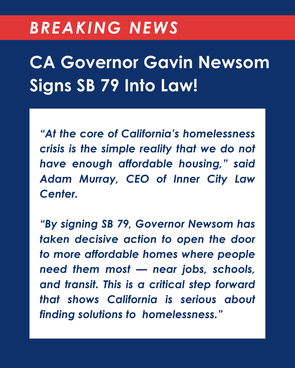 InnerCityLaw's tweet photo. #BREAKINGNEWS: VICTORY! Gavin Newsom has signed both #SB634 &amp; #SB79 into law!

SB 79 is a bill by @Scott_Wiener expanding access to affordable housing across CA. SB 634 is a bill by @senatorsrp that protects serving unhoused people. #housingnews #housingpolicy #housingjustice https://t.co/c5BOvX7up2