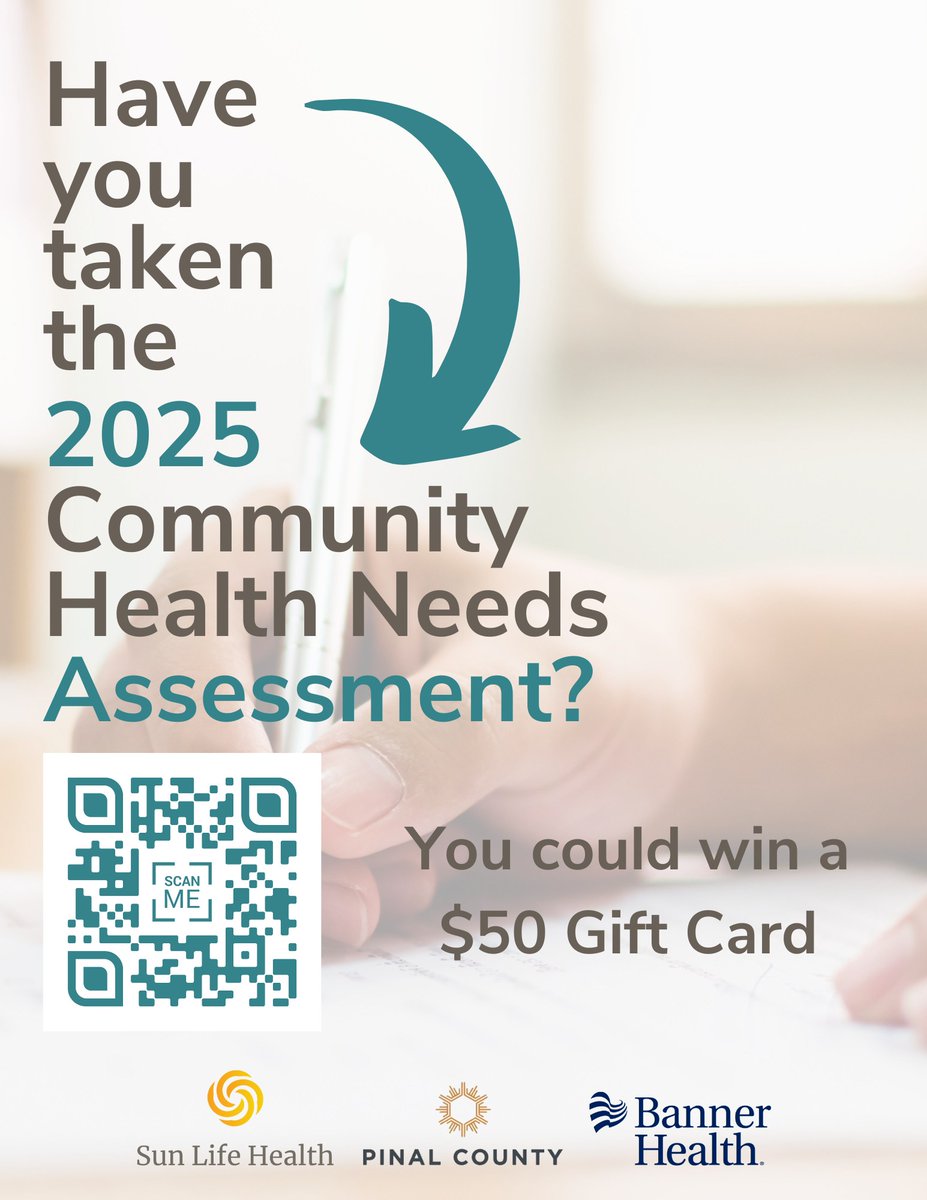 Attention all Pinal County residents: please take the time to complete this important community health survey. It will help identify where the most needs are, &amp; you may by one of the lucky $50 gift card winners!
Take the Community Health Needs Assessment:  t.ly/pPw6f