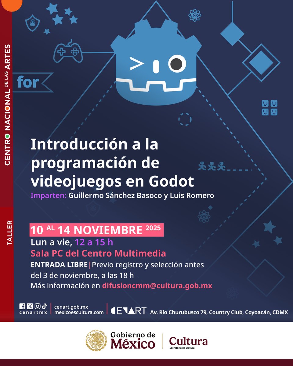 Centro Multimedia del Cenart (@cmm_cenart) on Twitter photo Conoce la interfaz y las herramientas esenciales de Godot, una plataforma libre para crear videojuegos que integran sonido, imagen e interactividad.
🎯 Dirigido a personas sin experiencia previa.
📝 Regístrate aquí: forms.gle/AB5gw9UAsFteJy… Conoce la interfaz y las herramientas esenciales de Godot, una plataforma libre para crear videojuegos que integran sonido, imagen e interactividad.
🎯 Dirigido a personas sin experiencia previa.
📝 Regístrate aquí: forms.gle/AB5gw9UAsFteJy…