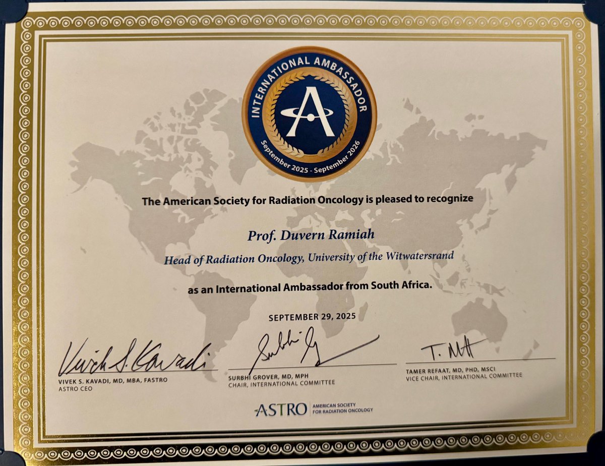 DuvernR's tweet photo. Honoured to be named an ASTRO International Ambassador at #ASTRO2025 in San Francisco.
Grateful to represent South Africa &amp; Wits University as part of this inaugural group of global leaders in #RadiationOncology. The mission continues: equity, access &amp; innovation in cancer care. https://t.co/uwJ7c9vILu