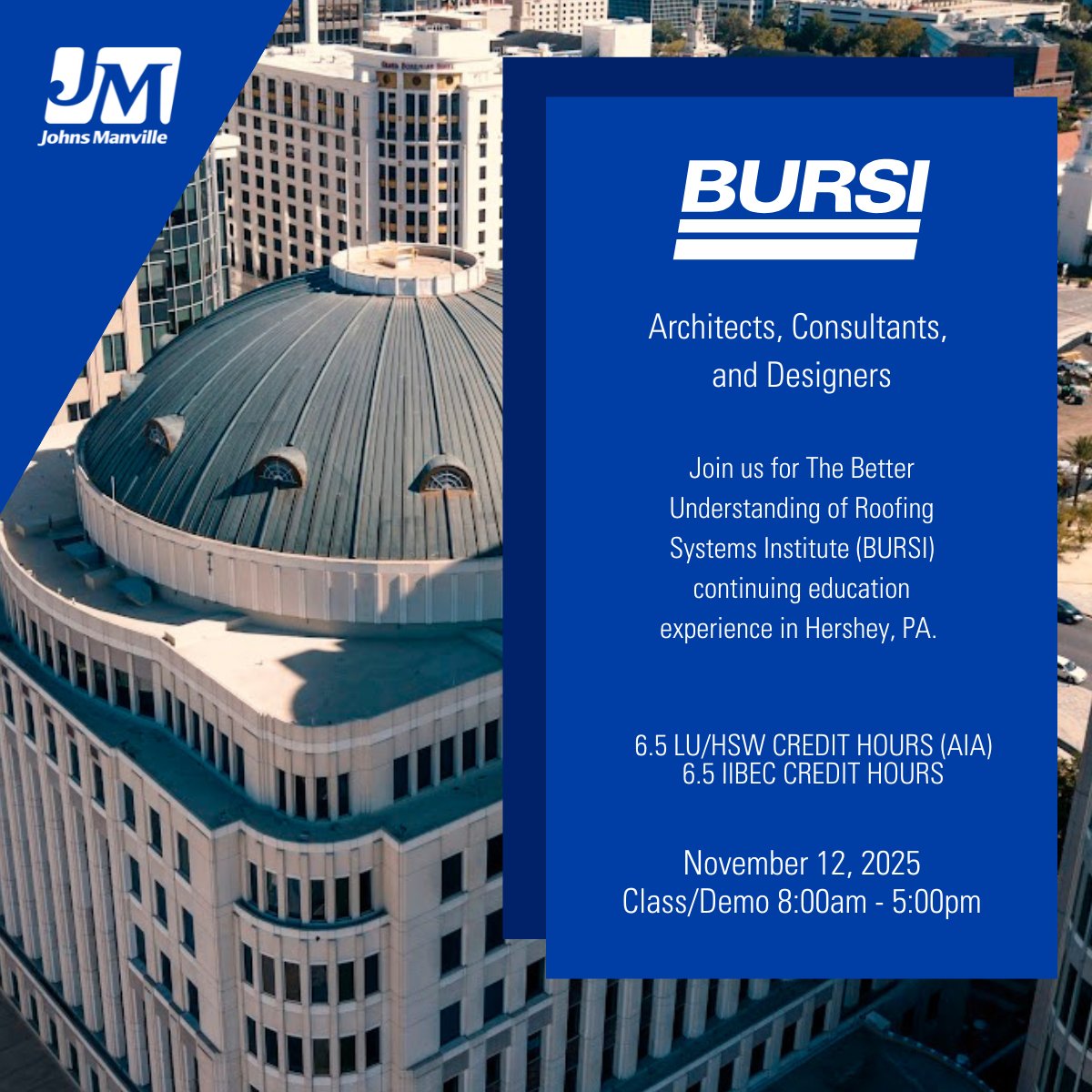 JMRoofingSystem's tweet image. Attention Architects, Consultants, and Designers! Join us in Hershey, PA for BURSI on Nov. 12 for our BURSI continuing education event.
Earn 6.5 AIA &amp;amp; IIBEC credits and deepen your roofing knowledge.
Learn more here: www2.jm.com/rs-2025-hershe…