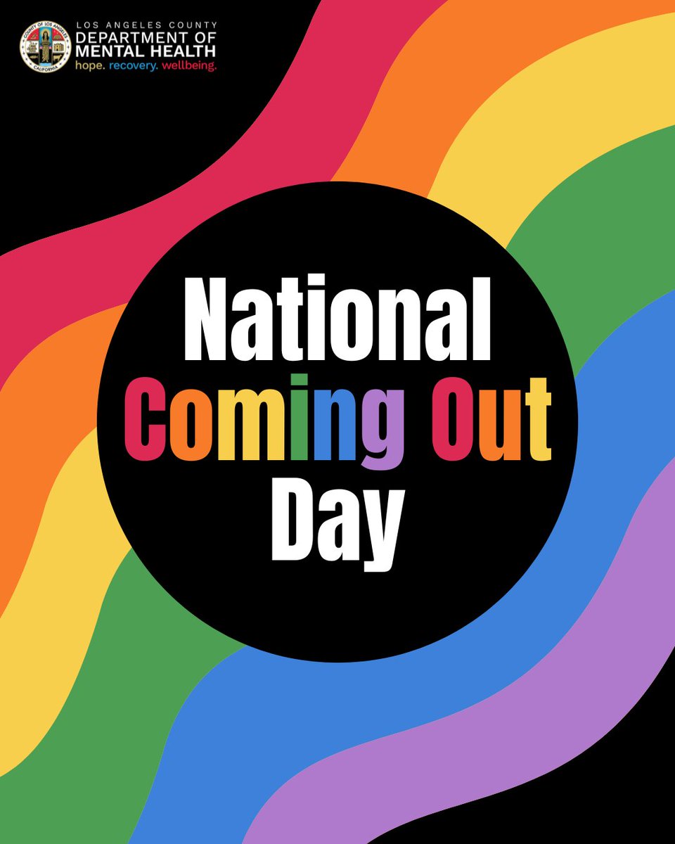 LACDMH's tweet image. Today is National Coming Out Day — a reminder that mental health and self-acceptance go hand in hand. 🏳️‍🌈

Whether you&apos;re out, questioning, or not ready to share yet, your feelings matter. Taking care of your mental health is an important part of your journey.

Explore our…