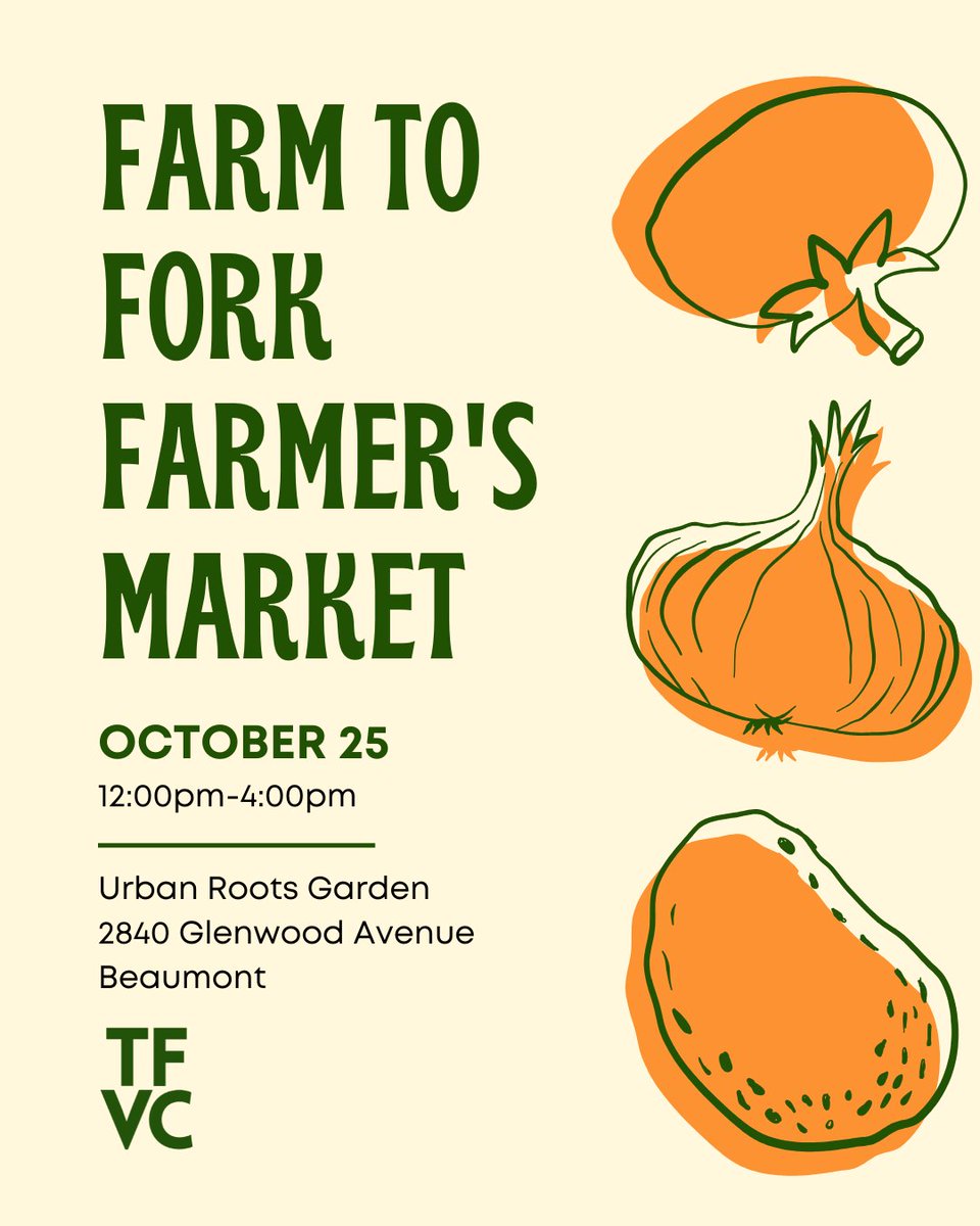 🚨Mark your calendars for October 25th!🚨Urban Roots Garden for Farm to Fork Farmer’s Market is a vibrant fall celebration of community, culture, and urban gardening! Discover the joy of local harvests, savor delicious food, and connect with Team TFVC at our booth.

Bring the