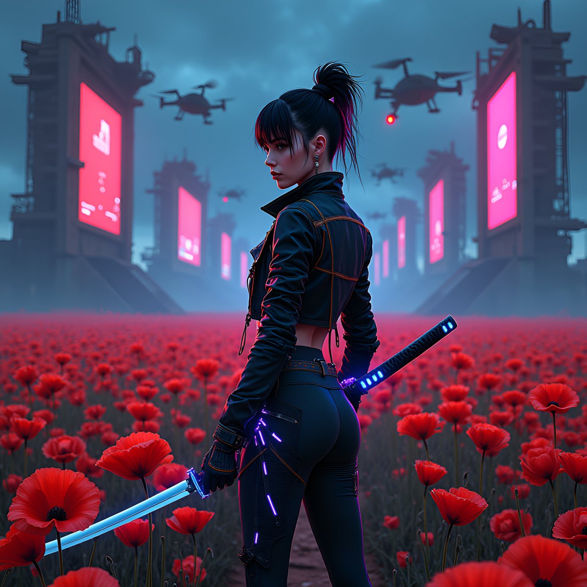 PromptSin's tweet photo. Ready to conquer the neon jungle 🌺⚔️ Who’s your hero in this cyber flower power? #FutureFighter #NeonVibes https://t.co/ncUHndzy3W