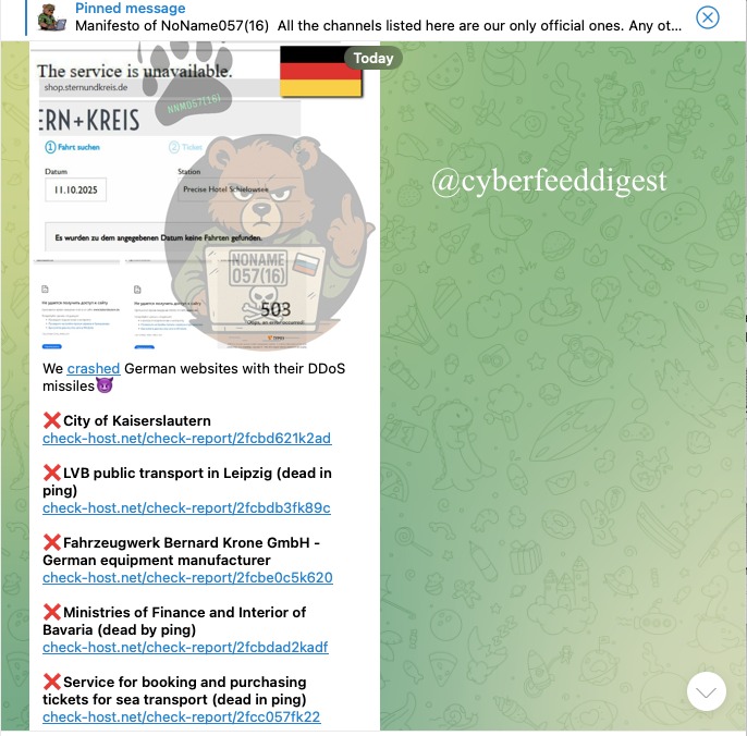cyberfeeddigest's tweet image. ⚠️ #DDoS Blitz — City of Kaiserslautern &amp;amp; LVB (Leipzig) hit — #Noname057

Pro-Russian group launched #DDoS at multiple #Germany targets:
Kaiserslautern 
LVB (Leipzig) 
Krone GmbH 
Bavaria Finance/Interior 
Sea ticketing