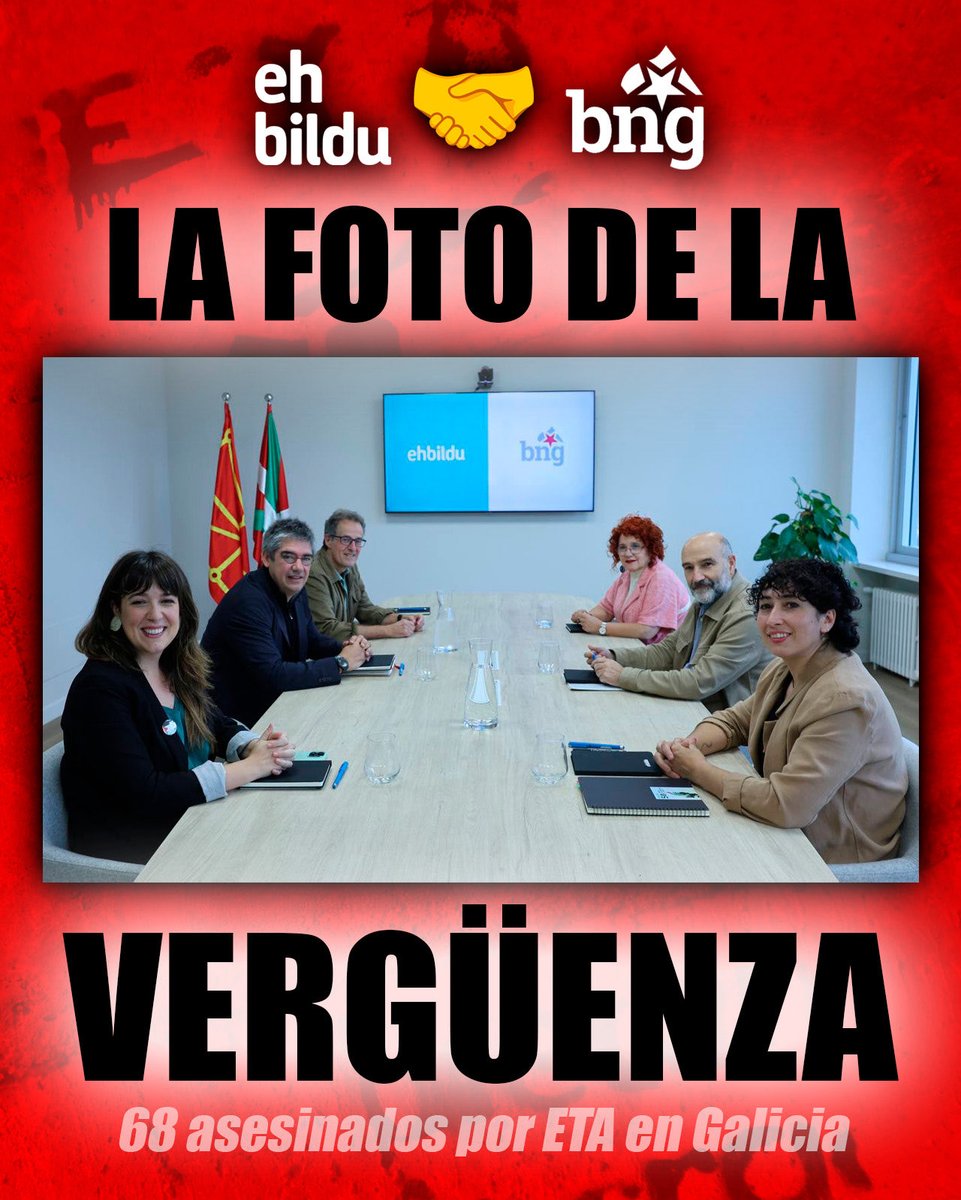 📸 𝐋𝐀 𝐅𝐎𝐓𝐎 𝐃𝐄 𝐋𝐀 𝐕𝐄𝐑𝐆𝐔̈𝐄𝐍𝐙𝐀

Una vez más, el BNG se ha vuelto a sentar con los herederos de ETA.

Unidos por el radicalismo, el independentismo y el apoyo a Sánchez, pero jamás para hablar de los 68 gallegos asesinados por la banda terrorista.