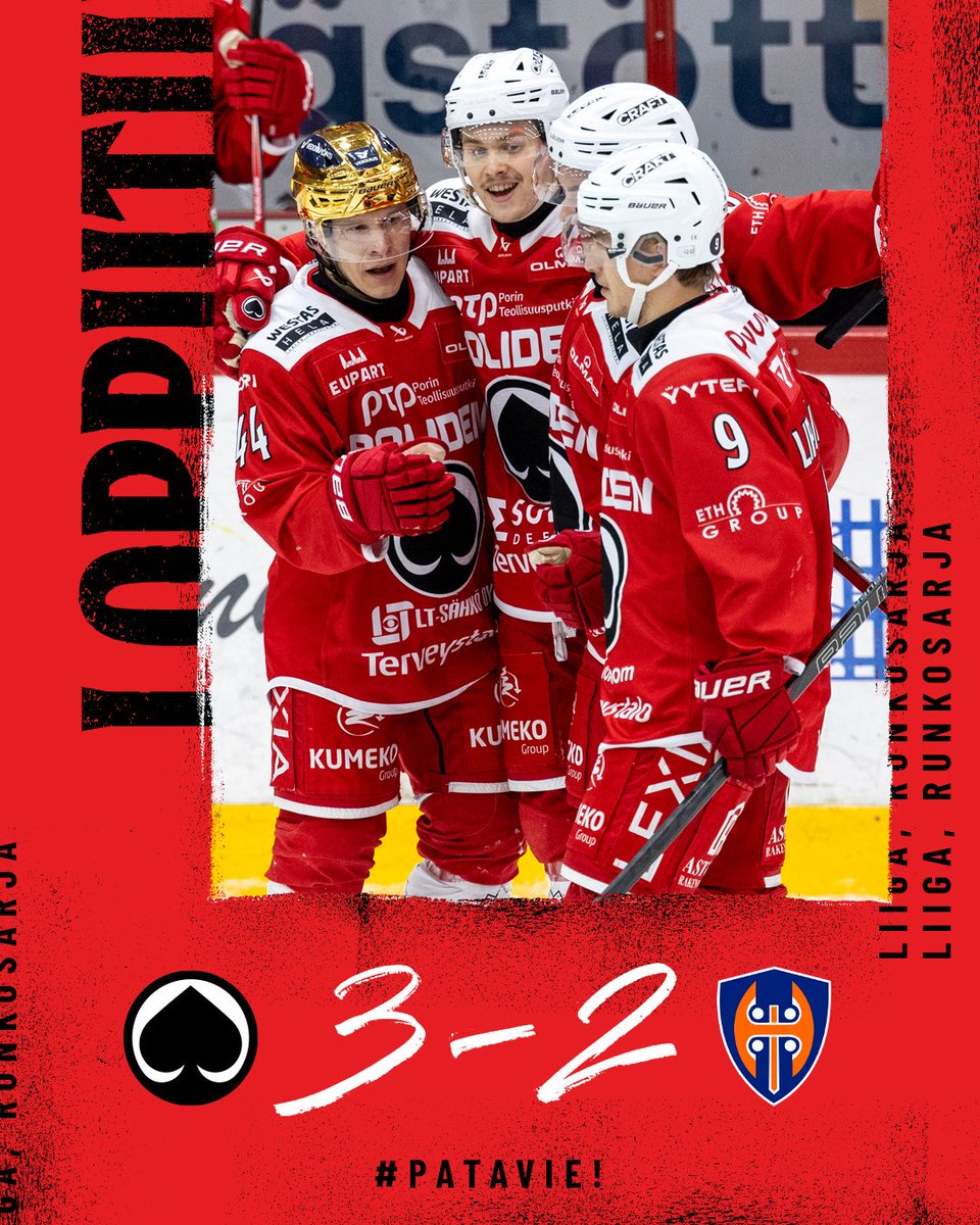 #PataVie!!! Mikä taistelu, mikä ilta!!♠️💪

1-0 Järvinen
2-0 Puutio YV
2-1 Tuulola YV
2-2 Sylvegård
3-2 Olofsson

#Ässät #Liiga