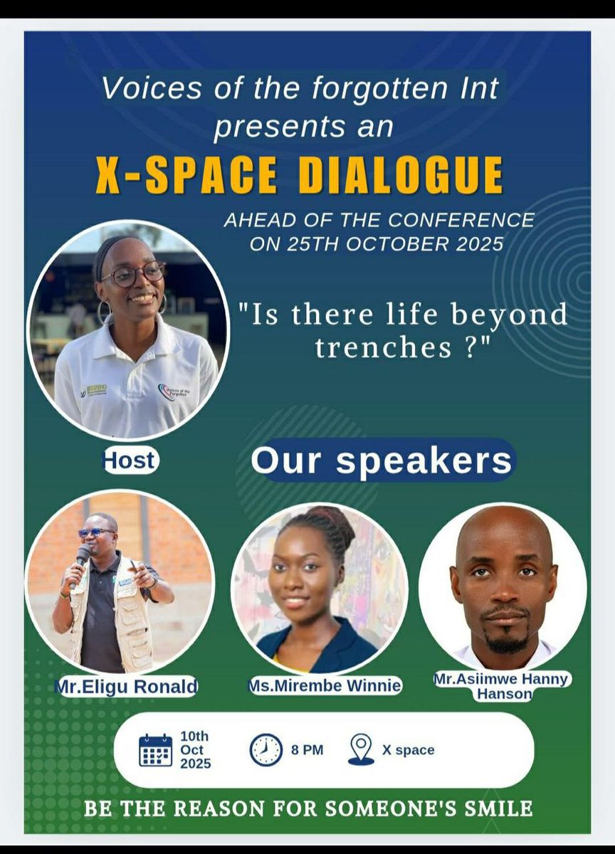 SsekimpiSh1985's tweet photo. I was honored to speak at the #XSpaceDialogue on “Is there life beyond trenches?”
Our current situations don’t define our future they prepare us for it.
Let’s rise above prejudgments and embrace growth.
#VoicesOfTheForgotten #LifeBeyondTrenches #Hope #Resilience https://t.co/5n1yuTWuOo
