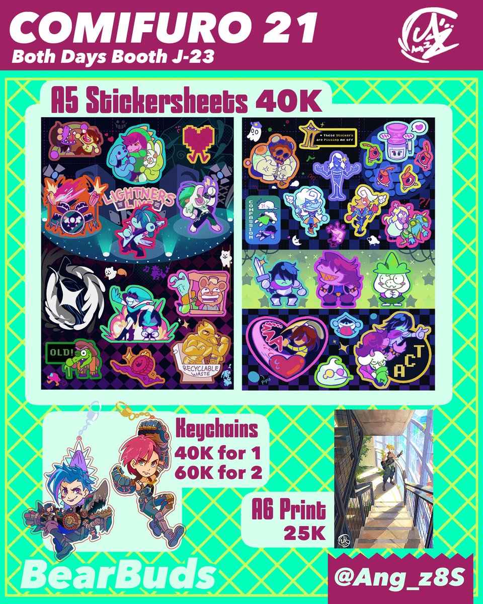Ang_z8S's tweet image. My #cf21 catalogue!!!
Sorry there’s no POs though! Been a bit too busy to open them

 📌Booth J-23 | BearBuds
 🗓️ Both days
 🗣️Deltarune, Legend of Zelda, Arcane, Pokémon, Dunmeshi 

Featuring new sticker sheets due to demand!
#comifuro21 #comifuro21catalogue #deltarune
