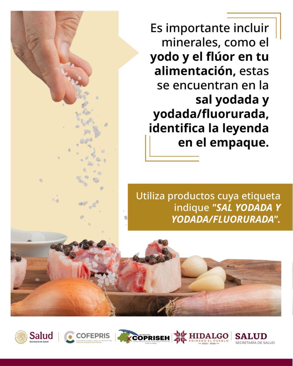 Es clave incluir minerales como el yodo y el flúor en tu dieta.  Encuentra estos minerales en la sal yodada y yodada/fluorurada. ¡No olvides revisar la leyenda en el empaque! 
#PrimeroElPueblo  #PrimeroTuSalud