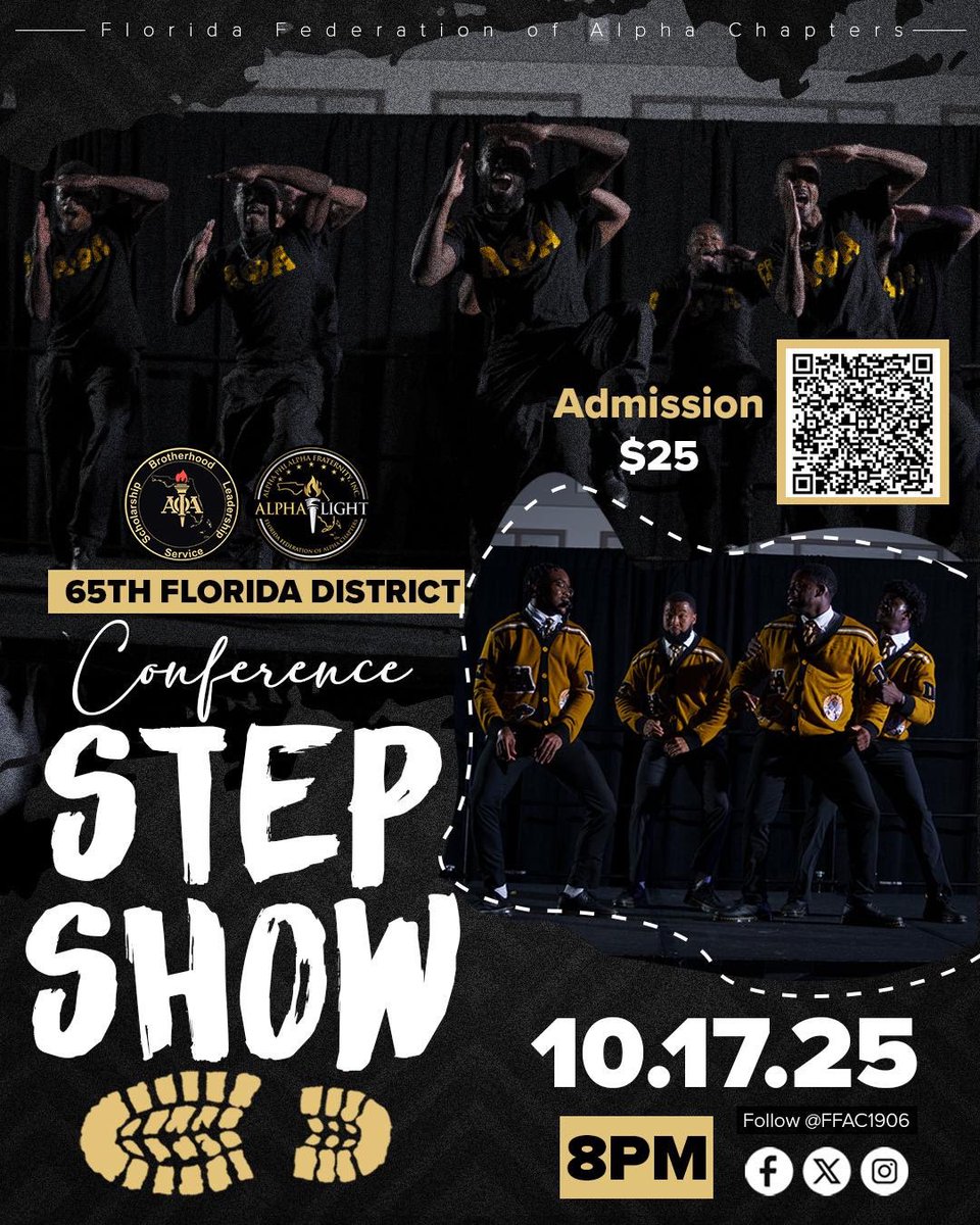 🔥 The stage is set! Watch Florida’s college Alphas bring the heat in step &amp; precision at the FFAC District Conference Step Show!

🎟️ $25 | Open to all
📅 Oct 17 | 8 PM
📍 Hilton Jacksonville at Mayo Clinic

🎫 Get tickets: connect.intuit.com/pay/FloridaFed…

#AΦΑ #FFAC #HoldTheLightHigh