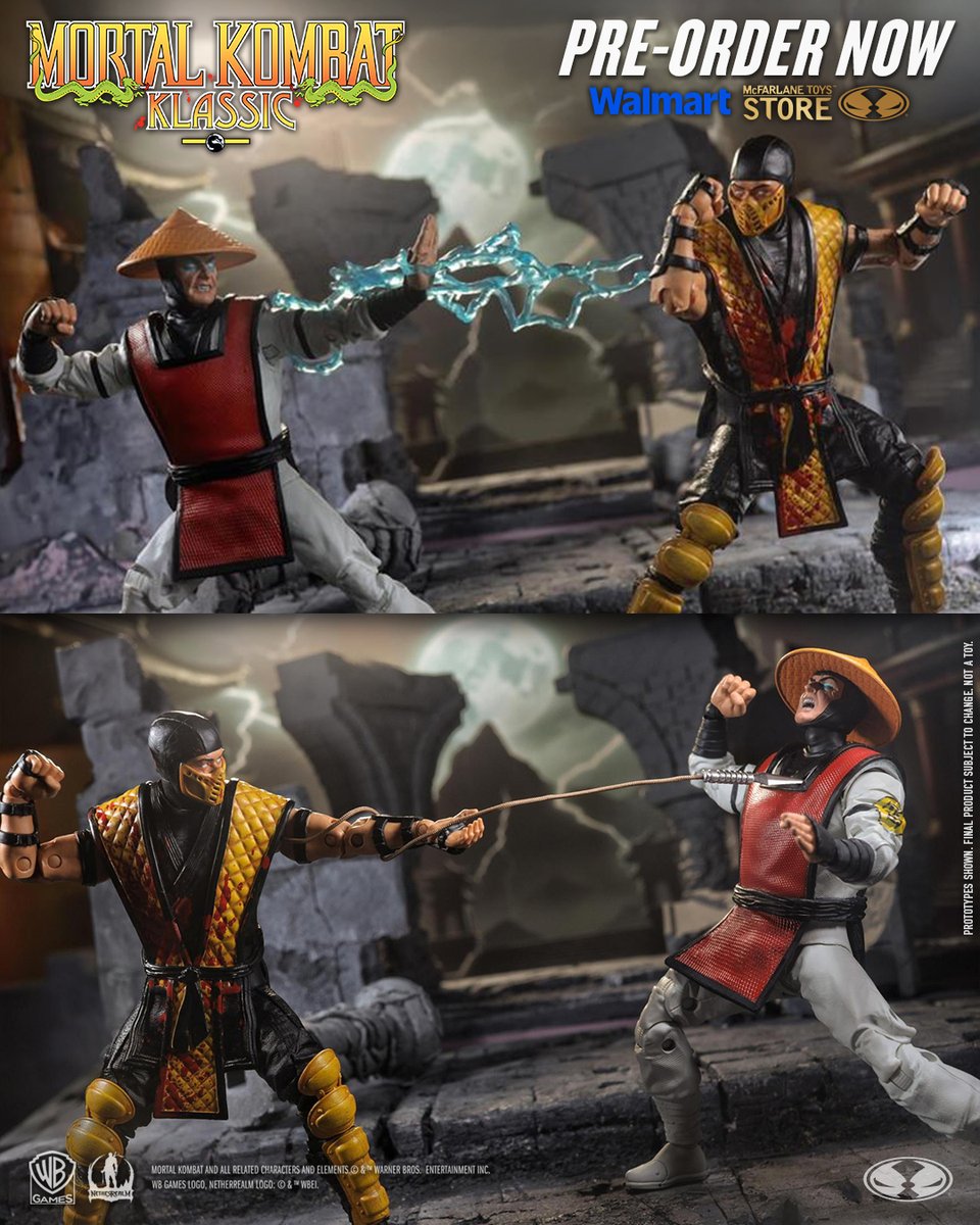 mcfarlanetoys's tweet photo. Scorpion™ vs Raiden™ (Mortal Kombat Klassic ) 7" scale action figure Deluxe 2-pack is available for pre-order NOW exclusively at @Walmart and McFarlane Toy Store! ➡️ https://t.co/8h7qTEwiKm

Includes TONS of accessories: 4 alternate hands,  2 alternate Scorpion heads, 2 alternate Raiden face plates, unmasked Scorpion, 2 lightning effects and Kunai. Also includes 2 flight stands, fighting base with reversable backdrop. Flight stands can connect to the base to re-create custom fight scenes.  

#McFarlaneToys #MortalKombat #Scorpion #Raiden #MortalKombatKlassic #Fatality #Walmart #WalmartCollectorCon #CollectorCon
