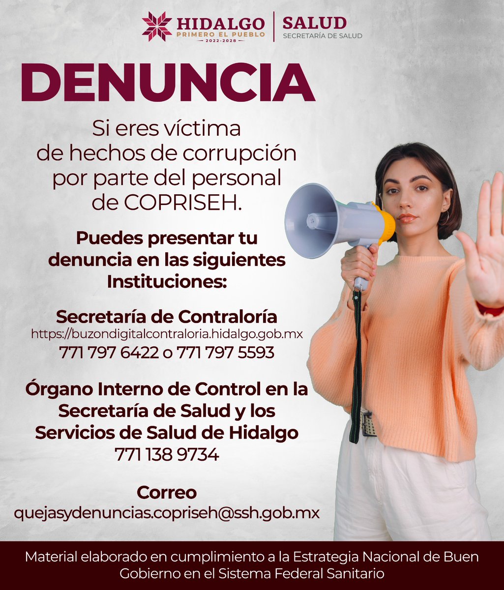 ¿Eres víctima de un posible acto de corrupción por parte de alguno de nuestros SERVIDORES PÚBLICOS? en #COPRISEH te compartimos los canales de denuncia.
#PrimeroElPueblo 
#PrimeroTuSalud