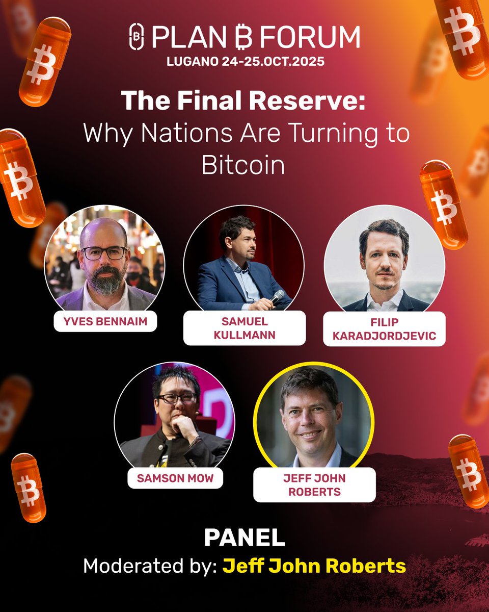 LuganoPlanB's tweet image. More on the intersection of Bitcoin and politics.
This time a panel of professional orange pillers takes the stage.
@ZLOK @samuelkullmann @PrincFilip1 @Excellion
Moderator: @jeffjohnroberts
From parliament halls to nation state strategies, the question is the same. Why are…