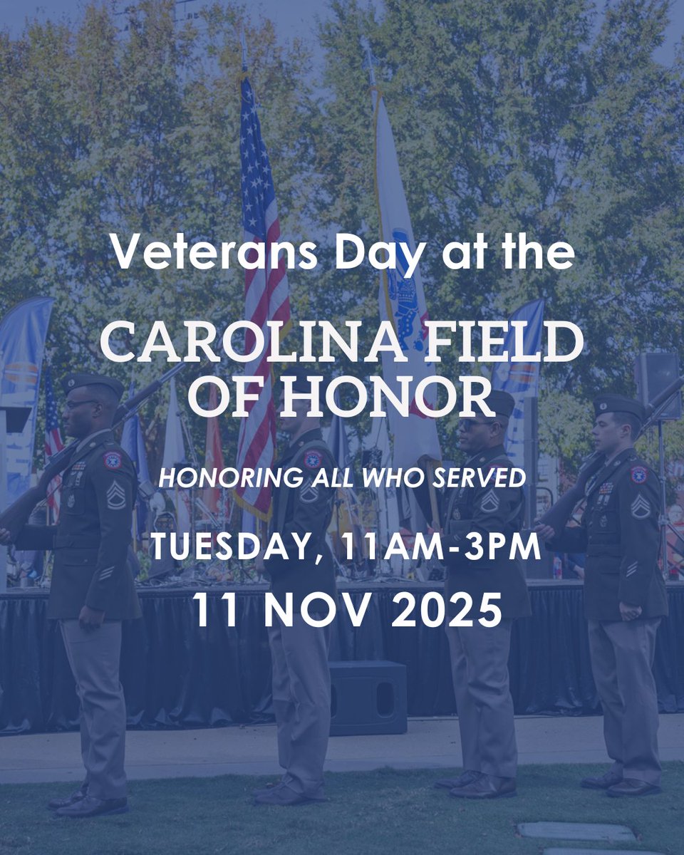 Veterans Bridge Home (@vetbridgehome) on Twitter photo We are officially T-32 days until Veterans Day...but it's really T-29 until the celebration starts!
Carolinas Veterans Day Festival, presented by #Truist
Location: Romare Bearden Park, Charlotte NC
Date: Nov 8th
Time: 11am-3pm
#Truist
Veterans Day at the Carolina Field of Honor We are officially T-32 days until Veterans Day...but it's really T-29 until the celebration starts!
Carolinas Veterans Day Festival, presented by #Truist
Location: Romare Bearden Park, Charlotte NC
Date: Nov 8th
Time: 11am-3pm
#Truist
Veterans Day at the Carolina Field of Honor