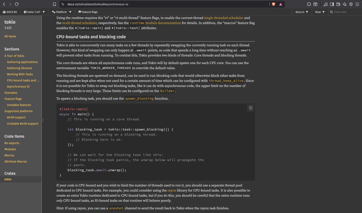 Ayushsingla32's tweet photo. Covered OS threads for blocking tasks and rayon for CPU-bound parallelism in tokio , async rust🕷️

#rust https://t.co/hakr19zyDb
