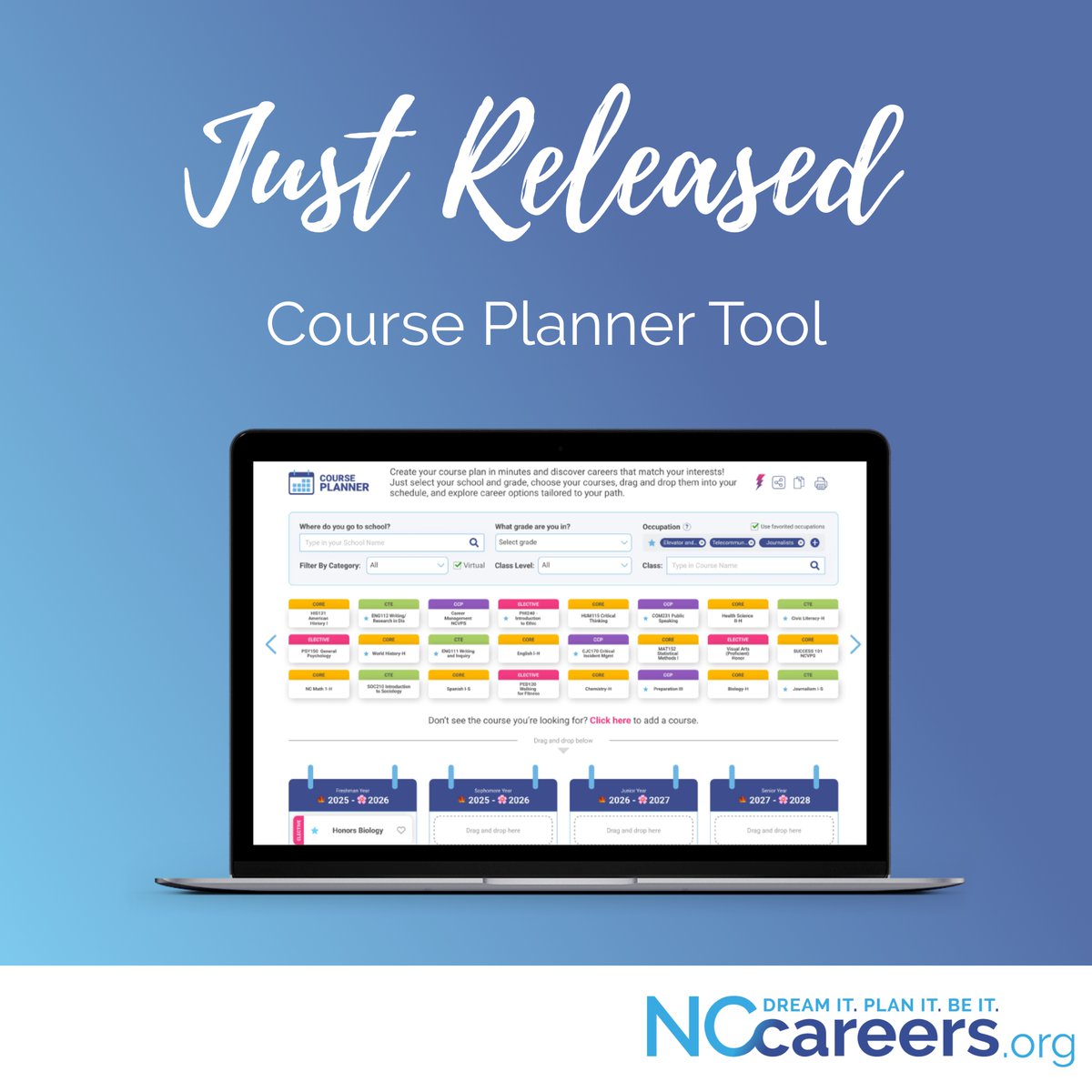 🚀 It's here! The Course Planner tool is now live on NCcareers! Map out your high school education journey with confidence. Note: You'll need to sign in to NCcareers.org to access the tool.

💡Visit our FAQ page for more info on getting started: nccareers.org/course-planner…