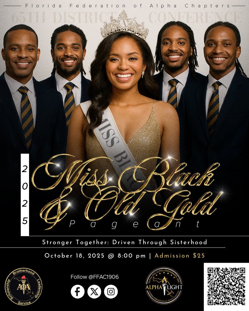 👑 Experience a night of style, grace, and sisterhood as we crown the next Miss Black &amp; Old Gold!

🎟️ $25 | Open to all
📅 Oct 18 | 8 PM
📍 Hilton Jacksonville at Mayo Clinic

🎫 Get tickets: connect.intuit.com/pay/FloridaFed…

#AΦΑ #AlphaSouth #FFAC #HoldTheLightHigh