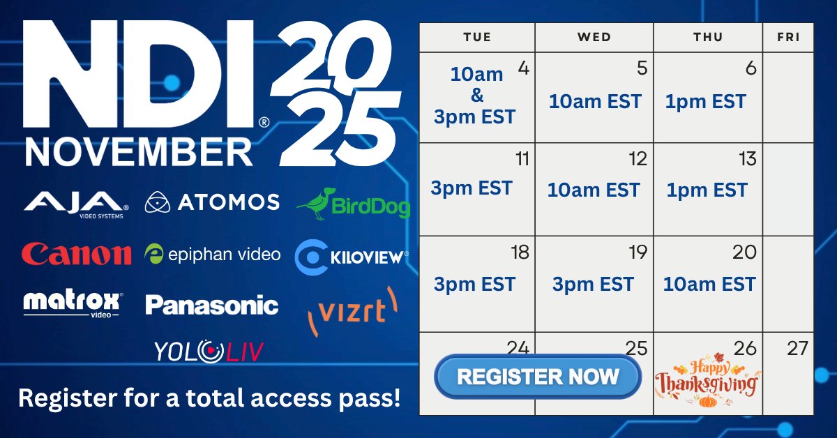 videoguys's tweet image. 🌟 Join us for NDI November 2025! 🌟

A free, month-long virtual event exploring the future of NDI and IP-based production with experts, demos, and prizes. Don’t miss it—Register HERE: ndinovember.com

#NDI #VideoProduction #VirtualEvent #Webinar #MediaProduction
