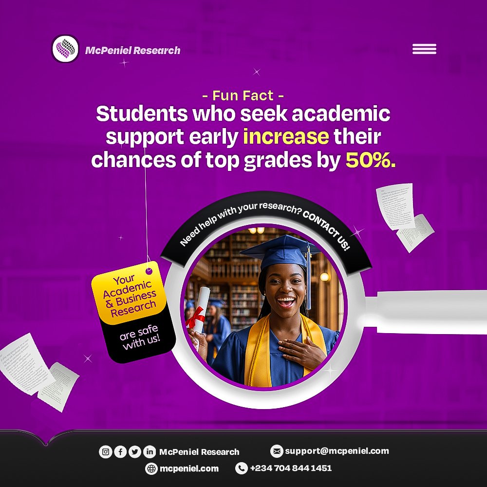 mcp_research's tweet image. Students who seek academic support early increase their chances of top grades by 50%.

Need help with your research? Let&apos;s help you. DM or Call us on +234 704 844 1451.

#mcr #research #academic #business #McPenielResearch #AcademicSuccess #funfact #Students #student #diaspora