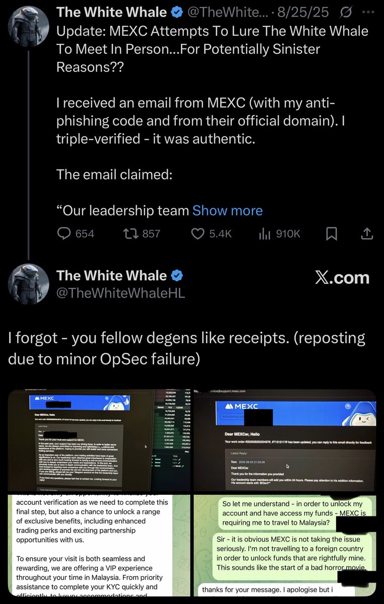 <a href="/cecilia_hsueh/">Cecilia Hsueh</a> You are supposedly a MEXC exec.

It’s been 3 weeks since you publicly acknowledged his posts and multiple  months since it was frozen / publicized. 

Unfreezing an account is the push of a single button. 

The users whitelisted address was funded via Coinbase and likely not
