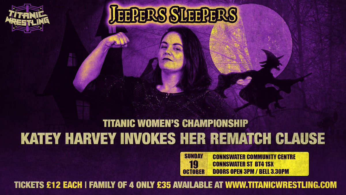 On Oct 18th at Black Mountain Shared Space, Morgana defends the Titanic Women’s Championship against Mercy.

But the next day at Connswater Community Centre, the winner must defend the title against the former champion, Katey Harvey! 🔥

🎟️ titanicwrestling.com