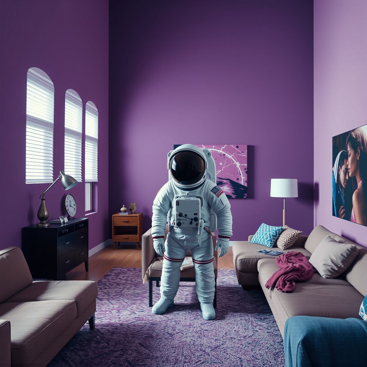 Astronaut in a purple living room symbolizing boundless creativity
