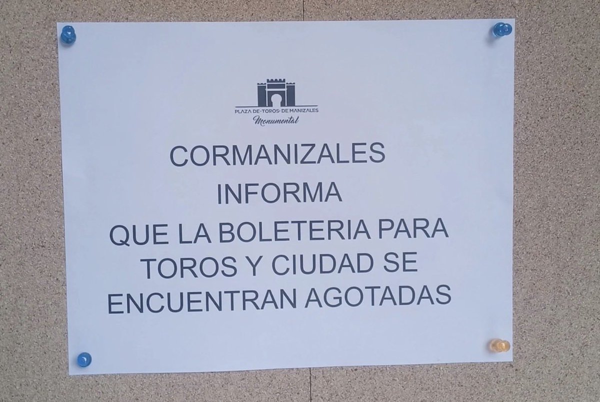 🇨🇴🇨🇴Noticias Colombia🇨🇴🇨🇴

La empresa taurina de Manizales <a href="/cormanizales/">Plaza de Toros de Manizales</a> a puesto el cartel de boletas agotadas el día de hoy, cuando faltan pocas horas para iniciar el certamen pre feria de Toros y Ciudad.

#ActualidadTaurina #ElMinotauroRadio #RadioParaTaurinos #ColombiaTaurina