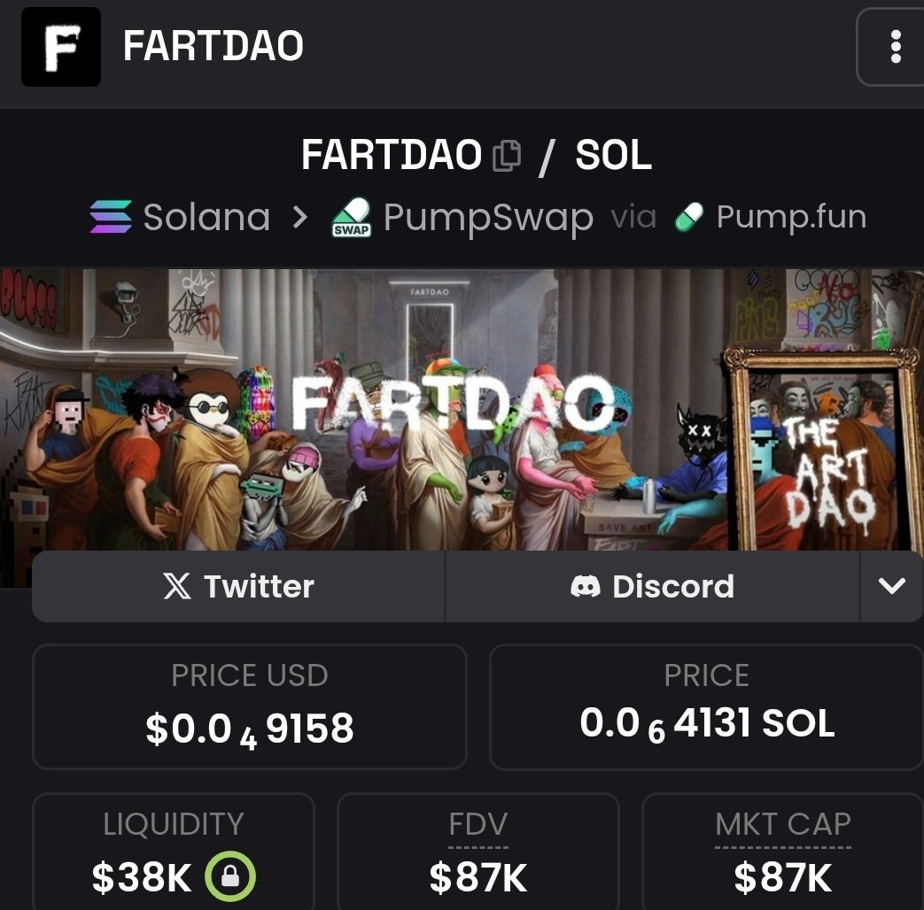 FARTDAO mcap - 87K.

The treasury continues to grow as do the connections.

60% remains locked and 5% stays burned.

<a href="/XCOPYART/">XCOPY 🏴</a> piece listed for 1 ETH - the sale will fund future acquisitions and buy back and burns of the token.

88Z1v8ATgkQYSsKGzJPsT1cKBZgMcfFMUDiWw2yjpump

💨🖼