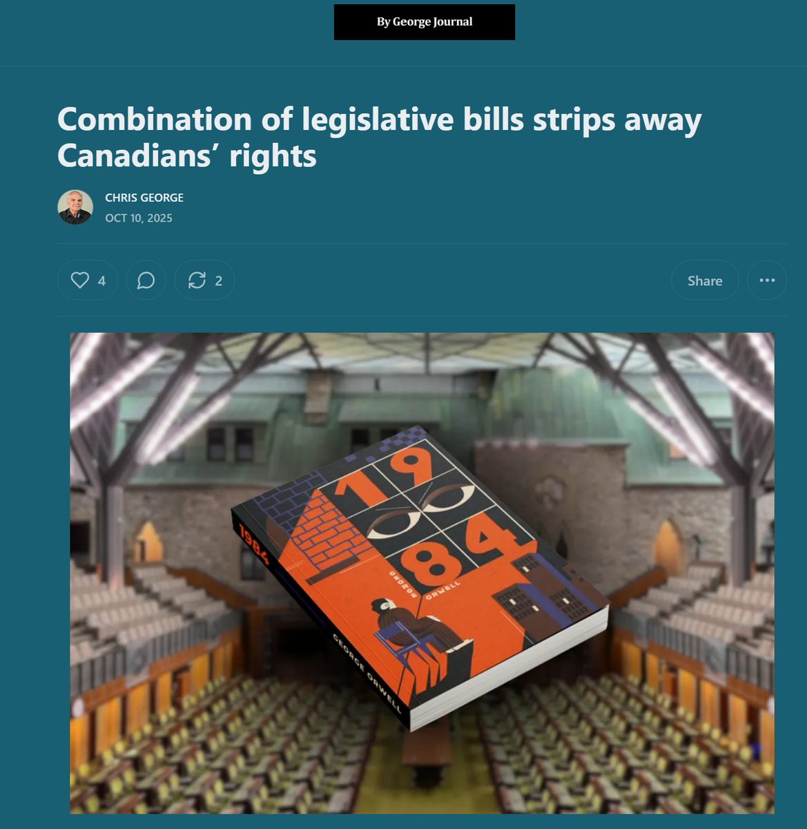 cbcwatcher's tweet image. &quot;The Orwellian hellscape described in the classic book Nineteen Eighty-Four is being put in place in Canada in the form of three pieces of legislation currently making their way through the House of Commons. There is far too little public attention being given to the federal…