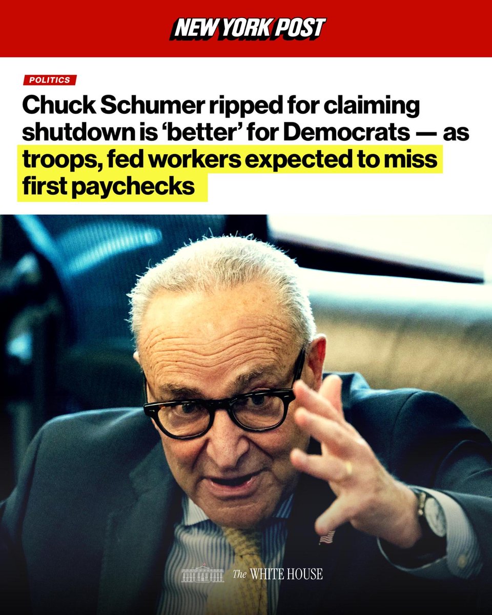 WhiteHouse's tweet image. Day 10 of the Democrat Shutdown: Better for Democrats, devastating for America.