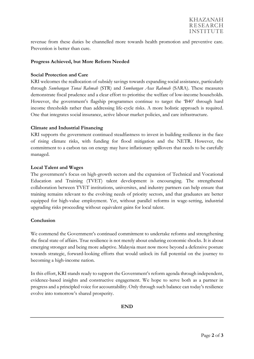 KRInstitute's tweet photo. Budget 2026: Resilience must evolve into strategic strength.

The Budget charts Malaysia’s next phase of reforms, promoting inclusive growth, fiscal discipline, and sustainable finance.

Khazanah Research Institute (KRI) commends the Government’s continued investment in strategic industries, social protection, and long-term competitiveness, while underscoring the need for wage reform and holistic social protection to ensure growth translates into shared prosperity.
 
Read more here: https://t.co/uJIYcfcRfC
___________________________________________________
 
Belanjawan 2026: Ketahanan mesti berkembang menjadi kekuatan strategik.
 
Belanjawan ini menandakan fasa baharu reformasi Malaysia, dengan menekankan pertumbuhan inklusif, disiplin fiskal, dan pembiayaan yang mampan.
 
Institut Penyelidikan Khazanah (KRI) menyambut baik komitmen kerajaan untuk terus melabur dalam industri strategik, perlindungan sosial, dan daya saing jangka panjang. Pada masa yang sama, KRI menekankan kepentingan gaji yang progresif serta perlindungan sosial yang menyeluruh agar pertumbuhan benar-benar membawa kemakmuran bersama.

Baca lebih lanjut di sini: https://t.co/uJIYcfcRfC
 
#KhazanahResearchInstitute #KRI #AdvancingMalaysia #Budget2026 #Belanjawan2026