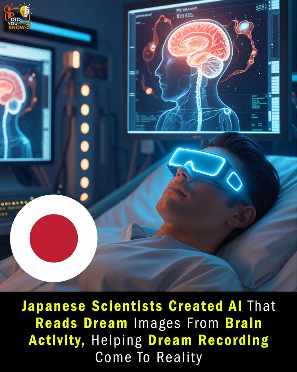 InsightSphere1's tweet image. 🚨: Japanese scientists are creating an AI-powered device that can decode and replay dream images from brain activity.
Using MRI scans and deep learning, the system can identify what a person saw during REM sleep - like faces, places, or objects - with about 60–70% accuracy.…