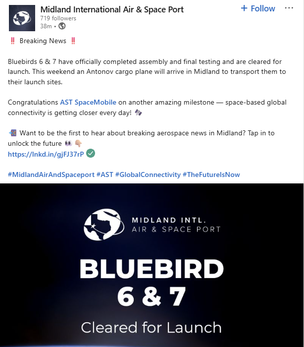 spacanpanman's tweet image. $ASTS: 🚨AST SPACEMOBILE BLUEBIRDS 6 AND 7 TO BE AIRLIFTED OVER THE WEEKEND

Midland International Air &amp;amp; Space Port appears to have let the BlueBird out of the bag.

Both BlueBird 6 and 7 are ready to be airlifted. There is an Antonov currently enroute to Midland that will pick…
