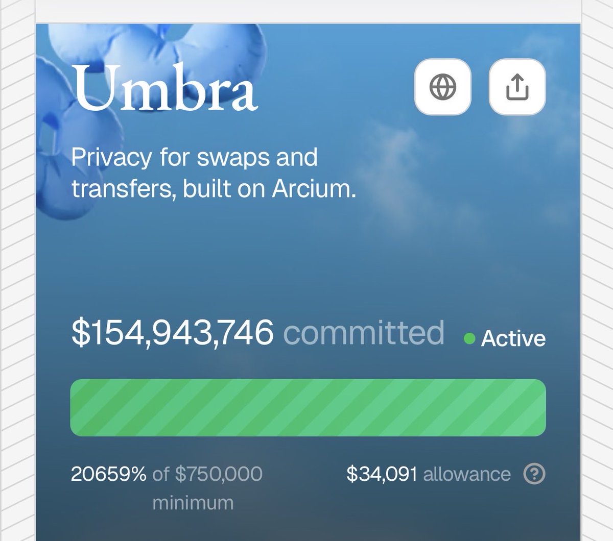 Umbra ICO fundraising dashboard showing $154M committed