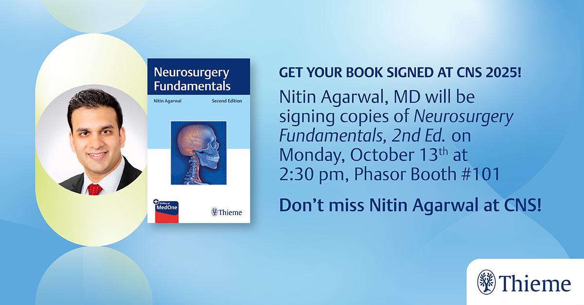 .<a href="/NitinAgarwalMD/">Nitin Agarwal, M.D.</a> will be signing copies of Neurosurgery Fundamentals, 2nd Ed, Mon, Oct 13, at 2:30p PDT at #2025CNS at Phasor Booth #101. The book is a portable reference source enabling swift assimilation of neurosurgical care essentials for medical students and residents.