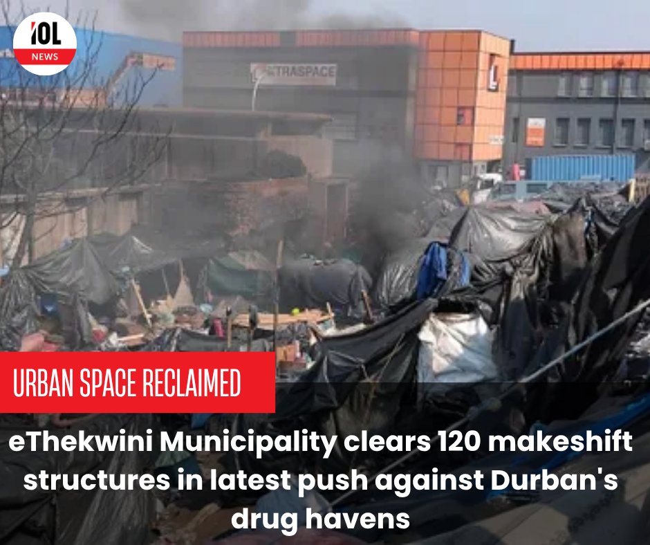 IOL's tweet photo. eThekwini Municipality cleared 800 people and dismantled 120 illegal structures in Umbilo, targeting crime and drug activity.
#eThekwini #UrbanSafety #CrimeCleanup #Umbilo #CityRenewal
Read on https://t.co/Kg09c4Yfwy https://t.co/7LoKe5V6oe