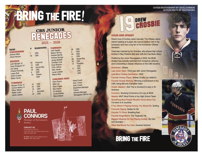 GAME DAY
Join us tomorrow, it's your Assante CBS Jr Renegades vs Paradise Jr Warriors at the CBS Arena. Puck drop 7:10pm and the game is sponsored by Paul Connors, MP, Avalon. Game Day booklet features blueliner Drew Crosbie. <a href="/TownofCBS/">Conception Bay South</a> <a href="/pmhajrwarriors/">North Atlantic Jr Warriors</a> <a href="/sjjuniorhockey/">St. John's Junior Hockey League</a>