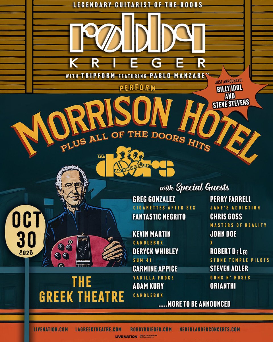 BillyIdol's tweet image. Steve Stevens &amp;amp; I will be celebrating @thedoors 60th anniversary at @thegreekla on October 30th 👊🏼⚡️
lagreektheatre.com/event/robby-kr…