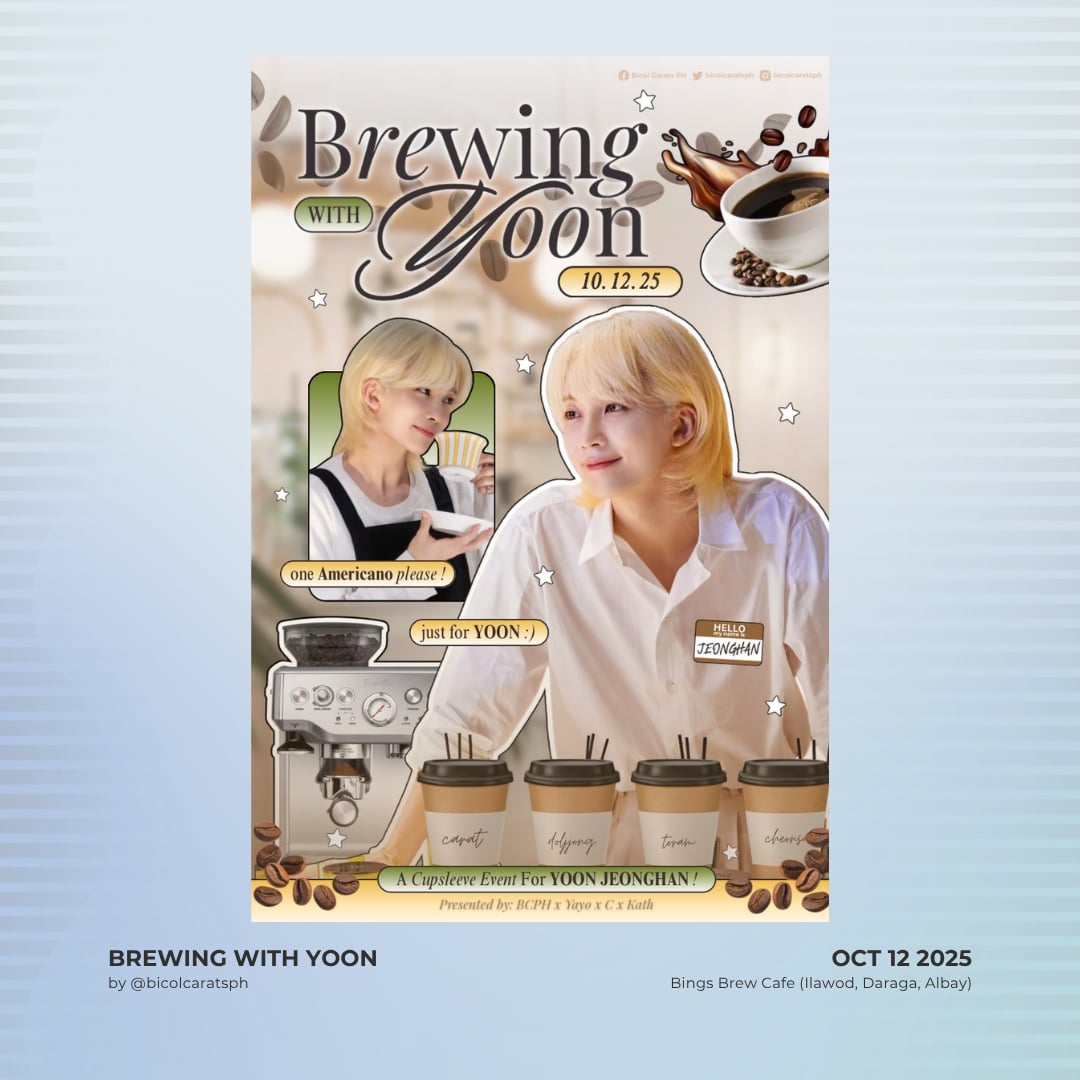 Flight 1004: Fly Me With Yoon by <a href="/TeamCaratPH/">Joshua’s Secret Recipe</a> | #FlyMeWithYoon
↳ Oct 12 2025
↳ Cafe 32nd Street BGC

Brewing With Yoon by <a href="/bicolcaratsph/">Bicol Carats PH</a>
↳ Oct 12 2025
↳ Bings Brew Cafe (Ilawod, Daraga, Albay)