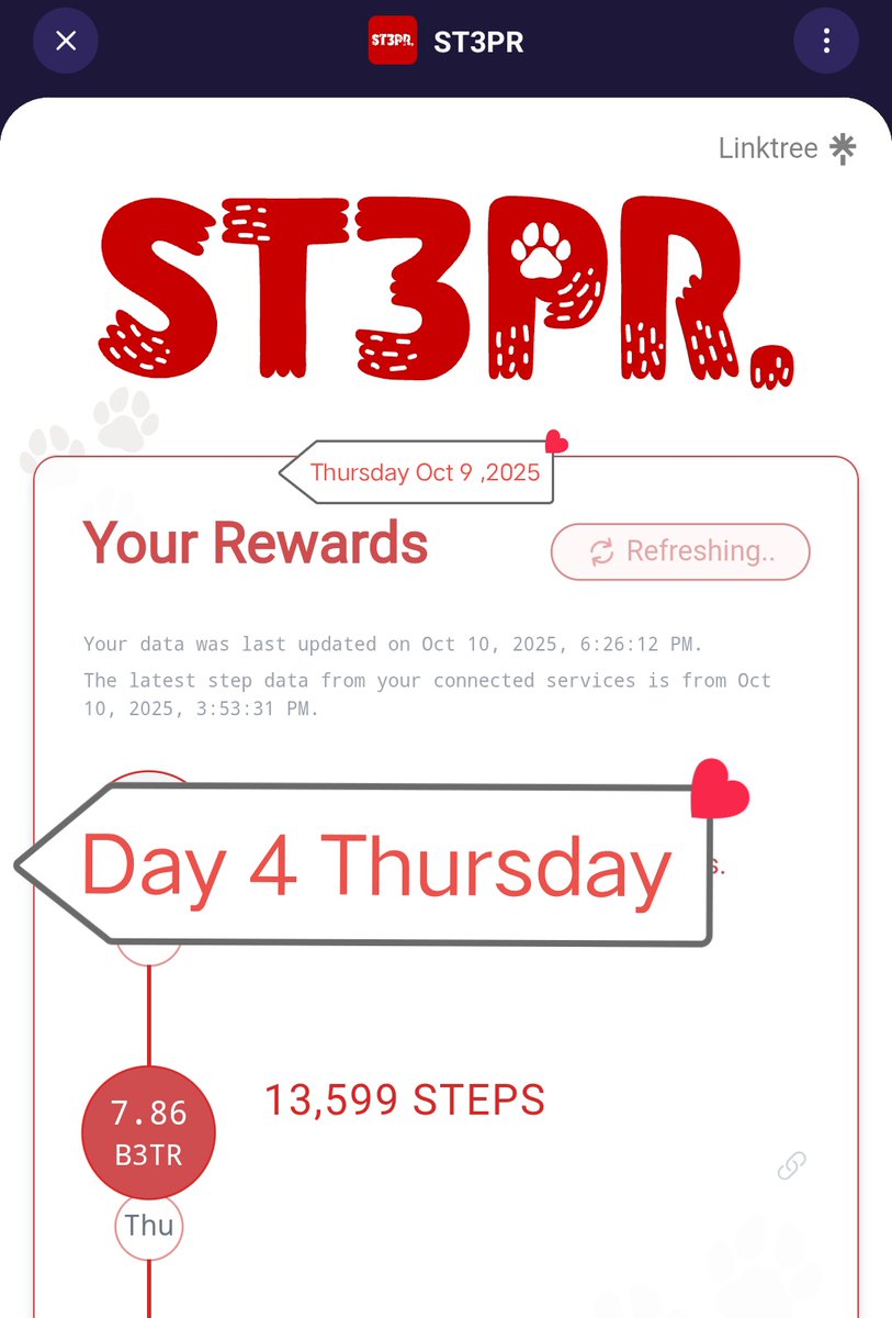 BeautyFree7's tweet photo. Day 4 of our challenge!

Thursday Oct 9 , 2025
Get an 8k steps daily average this week💪

Start today🔥
@ST3PR_VET 
#st3prchallenge 🥵
Thanks to @BreakingBallz1 for the challenge 😀 https://t.co/NfQy9gmGea