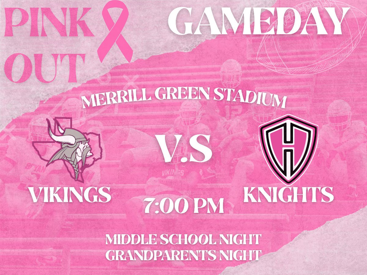 BHSVikingFB's tweet photo. 🚨WAKE UP🚨

It’s GAMEDAY in Bryan, TX! It’s our pink out game and grandparents night against Harker Heights. The game will be at Merrill Green Stadium and will kickoff at 7:00PM. Be loud, be proud, and bring your VIKING SPIRIT!

#GoBigBLUE 
#RollBryan https://t.co/F1acsBovq1