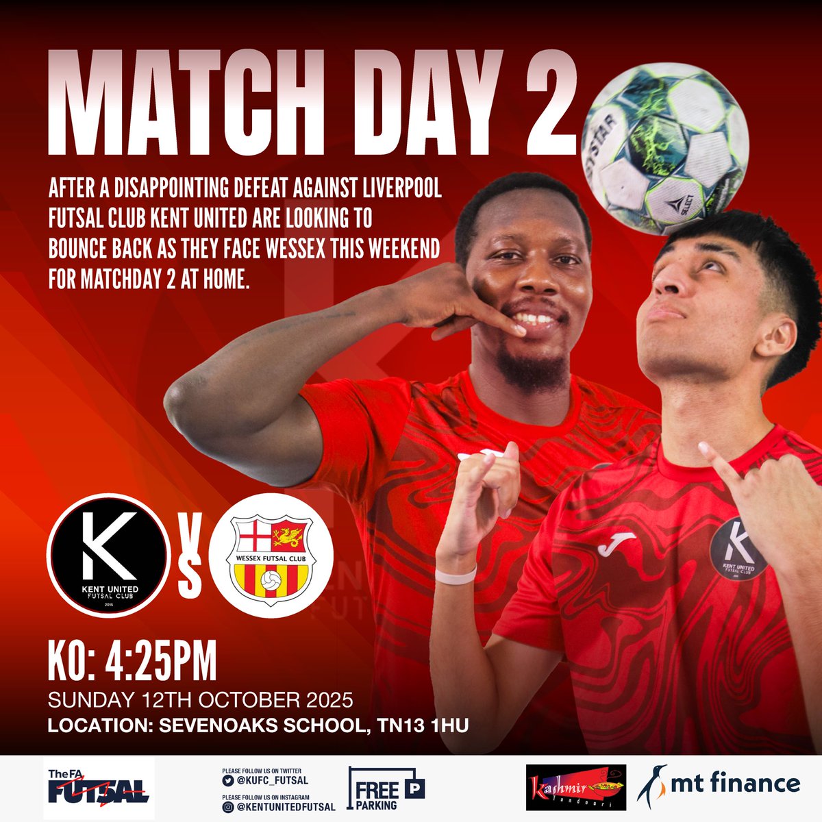 🆚 <a href="/WessexFutsal/">Wessex Futsal Club</a> 
⌚️4:25PM KO
📍 Sevenoaks School, TN13 1HU
🗓️Sunday 12th October 2025

Kent will be looking to bounce back this weekend! ⚫️🔴⚪️