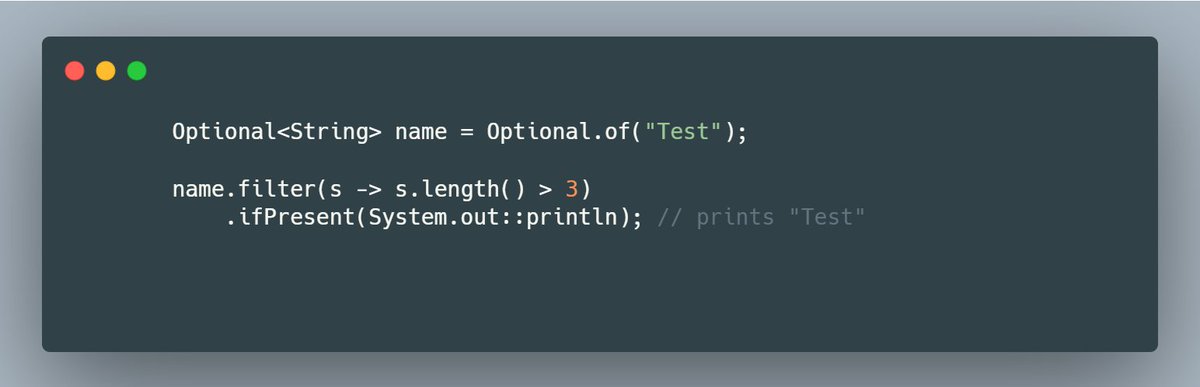 mario_casari's tweet image. 💡 Java tip: Use Optional.filter(...) to add inline conditions to an Optional object.

✅ It lets you apply a condition directly and it returns the original Optional if the predicate passes, an empty one otherwise.
#Java #JavaDev