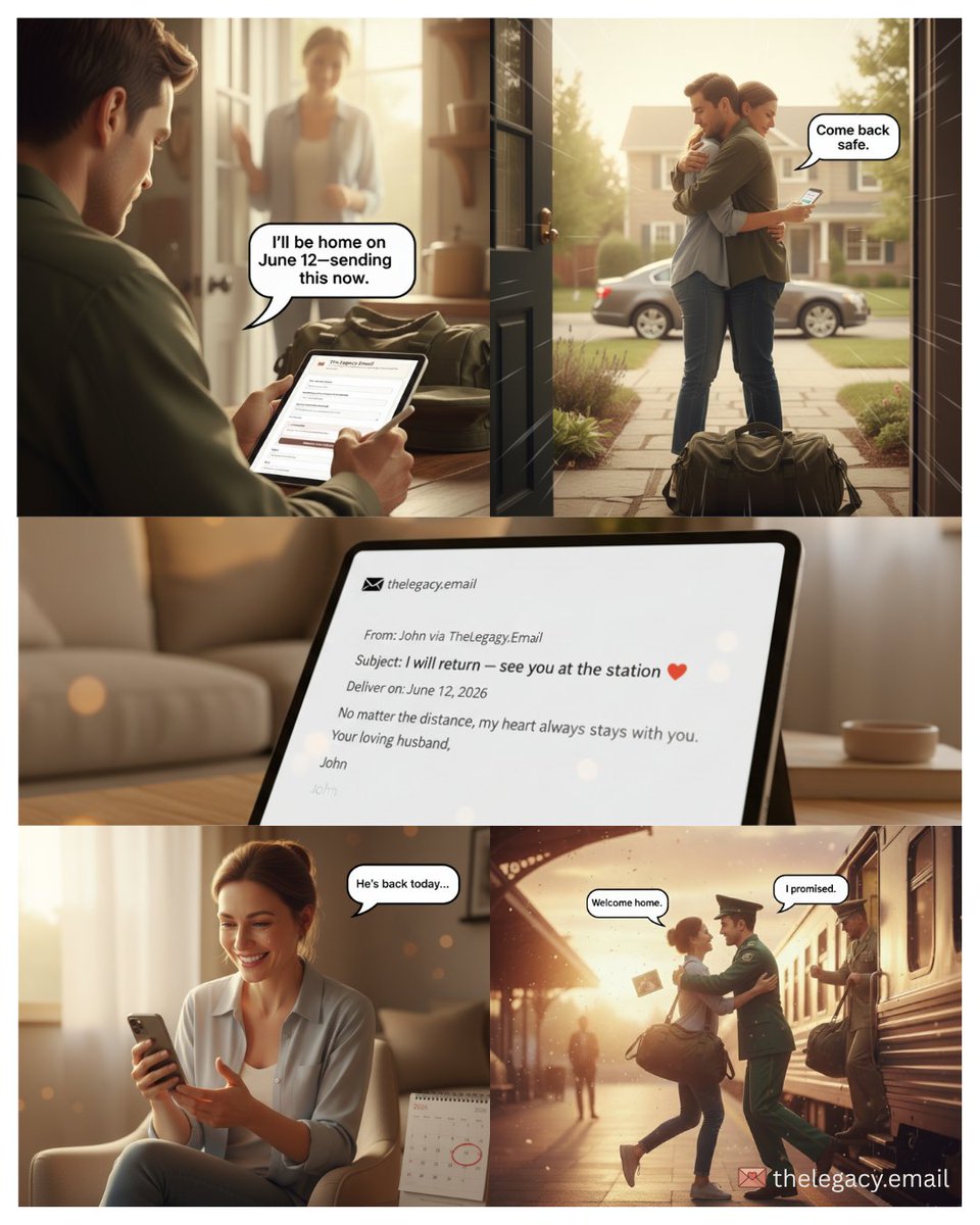 thelegacyemail's tweet image. A soldier scheduled an email before leaving.

A wife received it on the day he returned.

Because some messages deserve to arrive exactly when they matter most.

✉️ Send your own legacy message at thelegacy.email

#scheduledlove #thelegacyemail #storyofus #legacy…