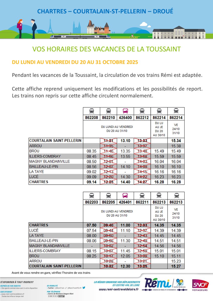 Remi Train Paris Chartres (@remitrainpclm) on Twitter photo 📆 Vos horaires des vacances de la Toussaint 
La circulation de vos trains Rémi est adaptée en semaine du 20 au 31 octobre 2025. 📆 Vos horaires des vacances de la Toussaint 
La circulation de vos trains Rémi est adaptée en semaine du 20 au 31 octobre 2025.