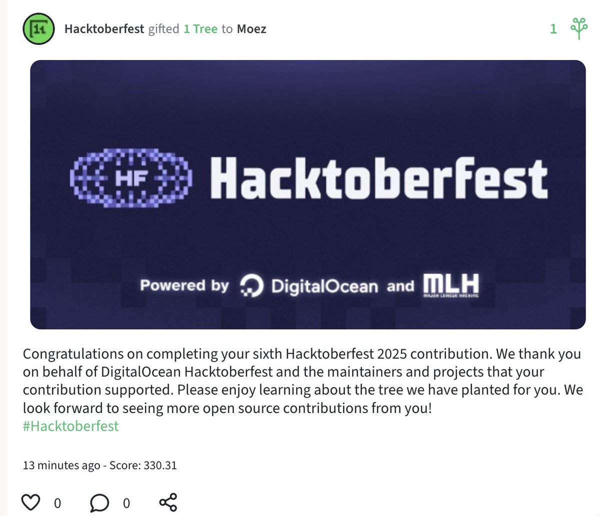 acecornball's tweet image. 4 years of @hacktoberfest 🌍
6 merged PRs 🚀
1 tree planted 🌱
Countless lines of code and learning.
Here’s to another year of growing open source and giving back. #CodeForGood #BuildInPublic @digitalocean @MLHacks